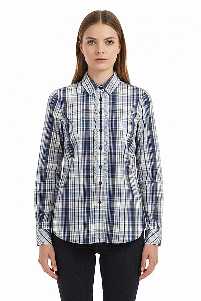 TOMMY HILFIGER Dámská Kostkovaná Košile S Dlouhým Rukávem A Volánky Modrá Béžová Vel. 8