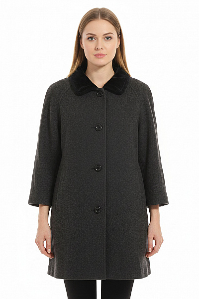 Vlněný Dámský Dlouhý Kabát šedý Elegantní S Kožešinovým Límcem Vel. 40