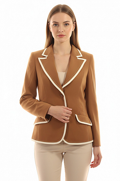 BASLER Hnědý Polyesterový Vypasovaný Blejzr Elegantní S Bílým Lemováním Na Běžné Nošení Velikost 38