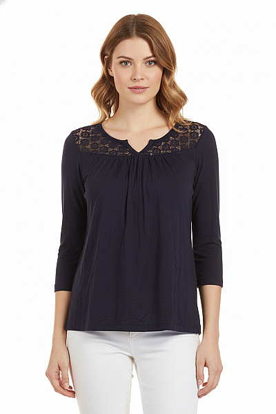 Gina Dámské Viskózové Tričko Tmavě Modré S Krajkou Dlouhý Rukáv Vel. 38