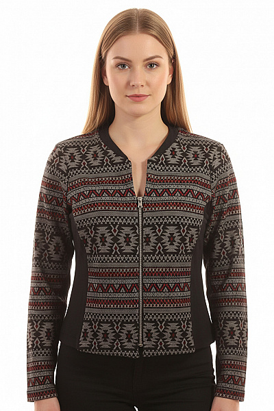 Marks & Spencer Dámská Krátká Bunda Se Zipem Etno Vzor šedá černá červená Vel. 42