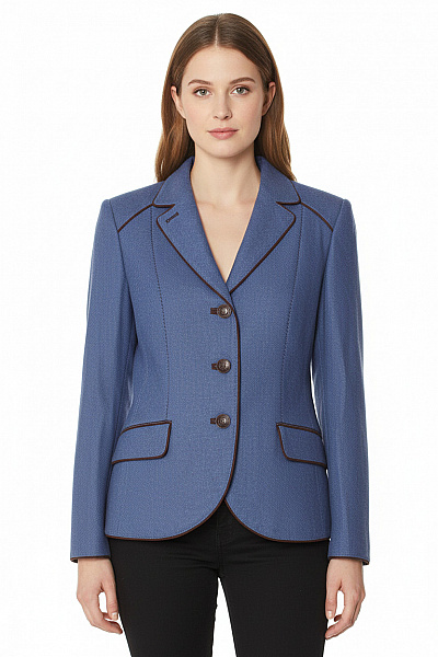 MADELEINE Vlněné Modré Sako Dámské Podzimní Elegantní Vypasované S Hnědým Lemováním Vel. 40