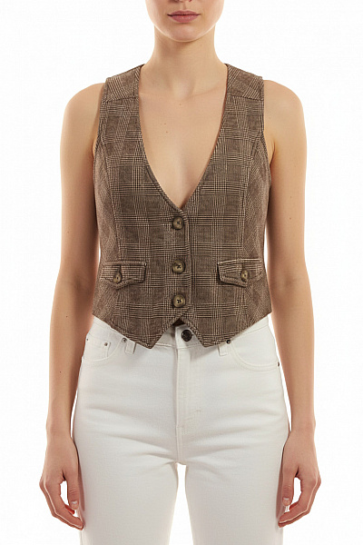OPUS Dámská Hnědá Kostkovaná Krátká Vesta Elegantní Velikost 38
