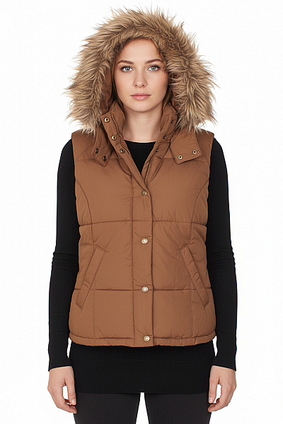 L.O.G.G. Dámská Prošívaná Teplá Vesta S Kapucí Hnědá Velikost 40