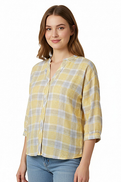 OPUS Dámská Viskózová žlutá Kostkovaná Volná Košile 3/4 Rukáv Ležérní Vel. 38