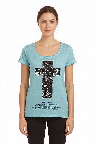 Key Largo Dámské Bavlněné Tričko Modré S Flitry Kříž A Nápisem KEY LARGO Velikost L