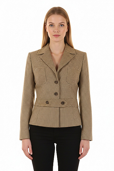 Dámský Kostkovaný Blejzr S Páskem Elegantní Business Vypasované Béžové Vel. 38