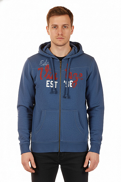 Esprit Pánská Bavlněná Polyesterová Modrá Mikina S Kapucí A Potiskem Na Zip Velikost L