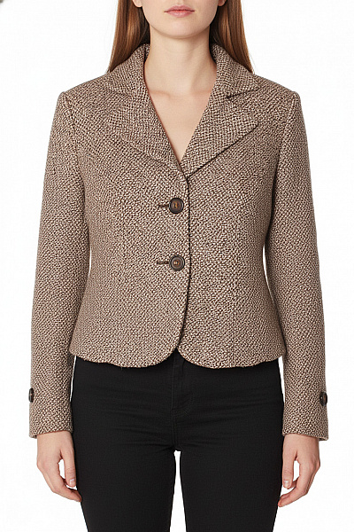 Marks & Spencer Hnědé Béžové Vzorované Tvídové Vypasované Sako Na Běžné Nošení Velikost 14