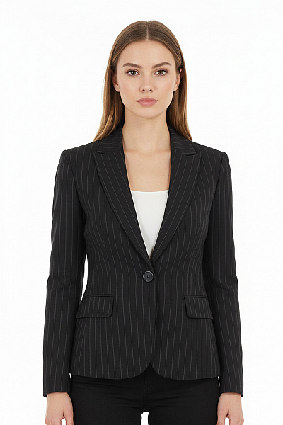 Marks & Spencer Dámský Polyesterový Vypasovaný Blejzr černé Pruhované Elegantní Business S Jedním Knoflíkem Vel. 12