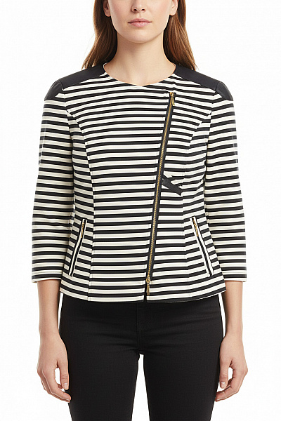 APART Dámské Bavlněné Sako Pruhované černobílé Na Zip Vypasované Moderní Vel. 44