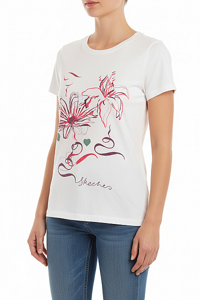 SKECHERS Dámské Krémové Tričko S Krátkým Rukávem A Květinovým Potiskem Velikost S