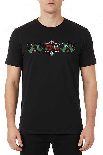 ONLY & SONS Pánské Bavlněné Tričko černé S Krátkým Rukávem Vánoční S Potiskem Dinosaurů Vel. M