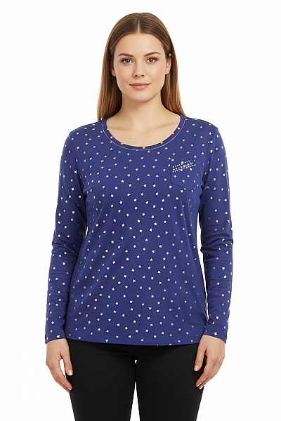 BETTY BARCLAY Dámské Modré Tričko Dlouhý Rukáv Hvězdy S Kapsou Velikost 46