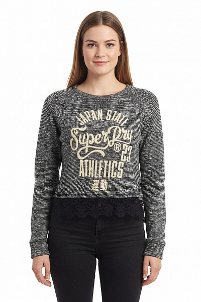 SUPERDRY Crop Pletená Mikina černobílá S Potiskem Krajková Sportovní S Dlouhým Rukávem Velikost M