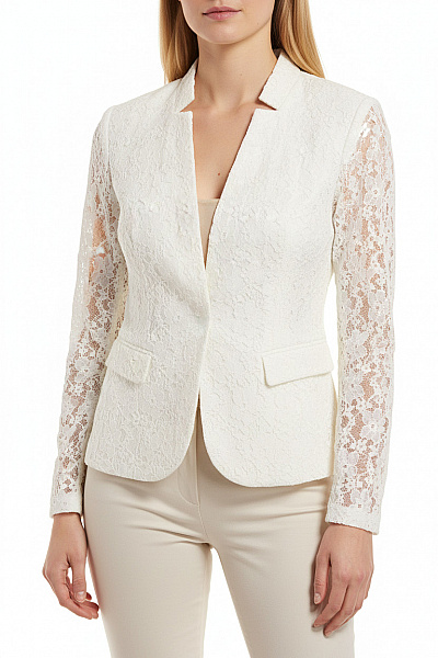 ZARA Krátké Bílé Krajkové Společenské Sako Vypasované Elegantní Bez Límce Velikost M