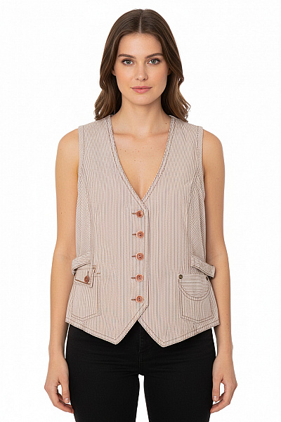 Biba Dámská Krátká Vesta Proužkovaná Béžová Hnědá Elegantní Se Zapínáním Velikost 40