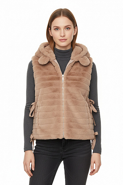 Monari Dámská Béžová Chlupatá Kožešinová Teplá Vesta Zip Vel. 38