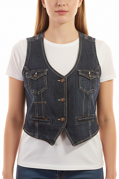 Biba Dámská Bavlněná Modrá Džínová Krátká Vesta Bez Rukávů Se Zapínáním Velikost 40