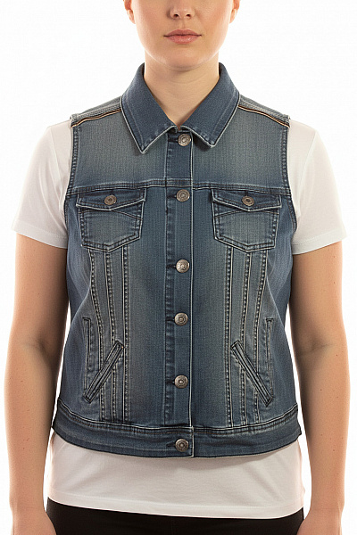 PULZ JEANS Dámská Modrá Bavlněná Džínová Vesta Krátká Bez Rukávů Vel. XL