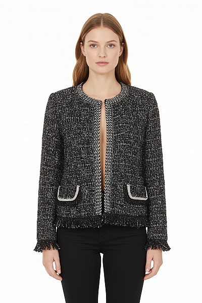 ANN TAYLOR Černobílý Krátký Třpytivé Sako Ležérní Elegantní Bez Límce Vel. M