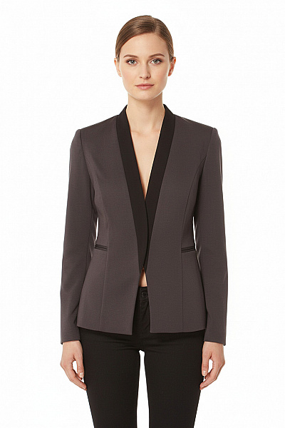 NAF NAF Polyesterové Hnědé Elegantní Business Vypasované Bez Límce Sako Vel. 38