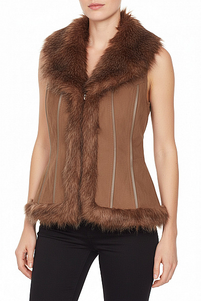 PROMOD Dámská Hnědá Teplá Vesta Kožešinová Chlupatá Zimní Vel. 38