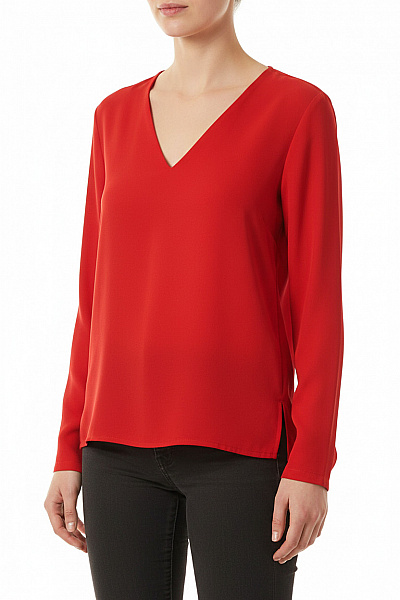 ZARA Dámská červená Halenka S Dlouhým Rukávem A Výstřihem Do V Vel. XS