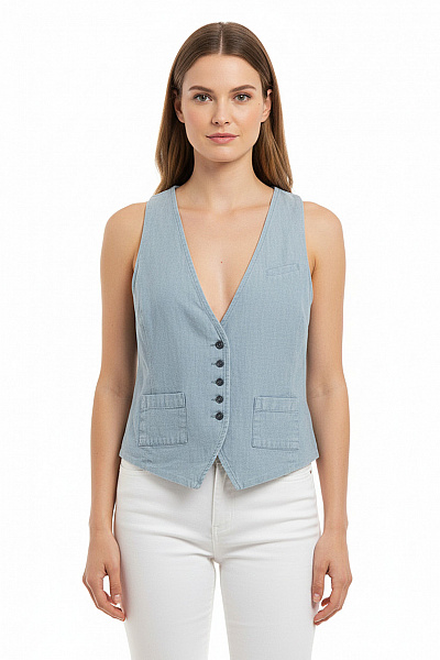ZARA Dámská Džínová Krátká Vesta Modrá Bez Rukávů Se Zapínáním Vel. M