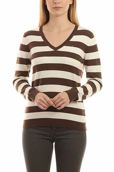 TOMMY HILFIGER Dámský Hnědo-bílý Pruhovaný Pulovr S Výstřihem Do V Vel. M
