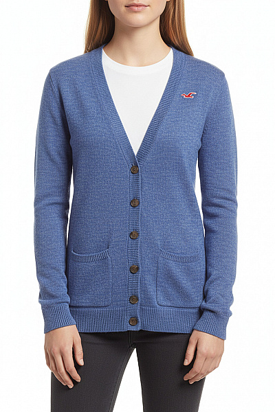 Hollister Dámský Modrý Melírovaný Pletený Kardigan S Knoflíky A Kapsami Velikost Xs