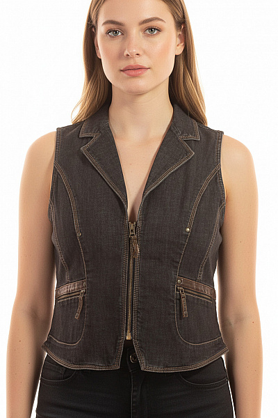 BONITA Dámská Bavlněná Džínová Vesta Krátká Se Zipem Prošívaná Velikost 44