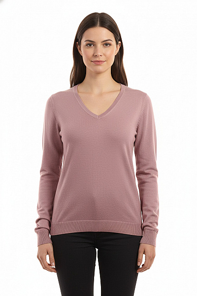 Esprit Dámský Bavlněný Pulovr Růžový V-výstřih Základní Dlouhý Rukáv Velikost L
