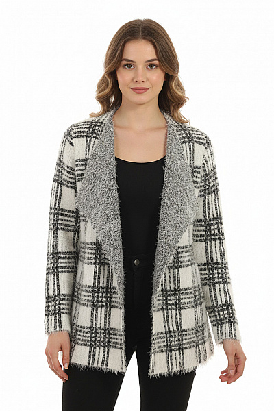 VILA Dámský Kardigan Kostkovaný Huňatý Volný Podzimní Vel. S