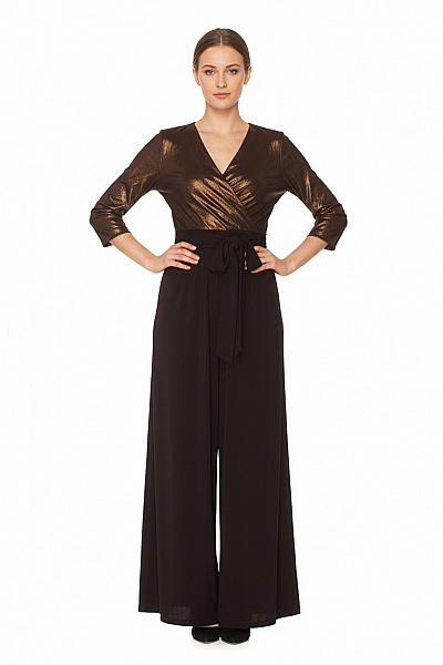 Phase Eight Dámský Bronzový Lesklý Overal S černými širokými Nohavicemi A Páskem Vel. 10