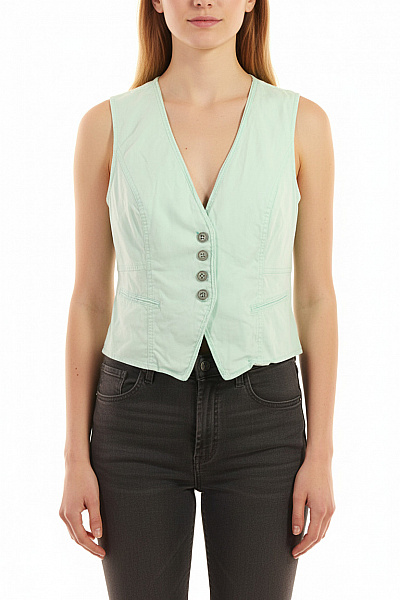 Street One Dámská Bavlněná Krátká Vesta Zelená Bez Rukávů Se Zapínáním Velikost 40