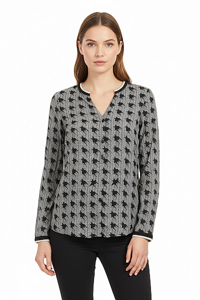 CECIL Dámská Halenka Dlouhý Rukáv černobílá Vzorovaná Propínací S Výstřihem Do V Vel. XS