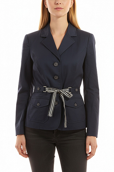 LUISA CERANO Dámský Bavlněný Modrý Blejzr Vypasovaný S Páskem Pruhované Ležérní Jarní Velikost 38