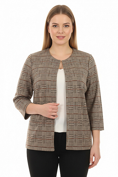 GINA LAURA Dámský Béžový Kostkovaný Polyesterový Elegantní Kardigan Bez Zapínání Vel. 50