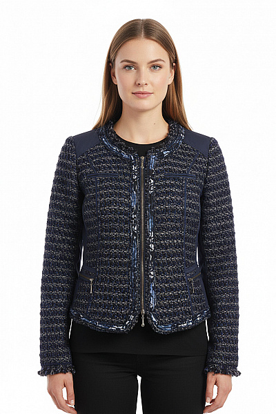 Biba Dámská Tvídová Bunda Krátká Modrá černá Elegantní Se Zipem Vel. 44
