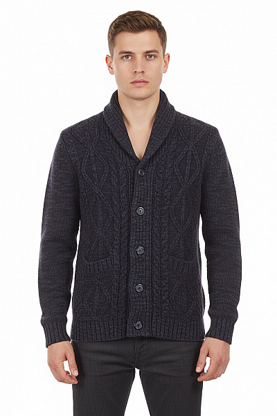 Pánský Tmavě Modrý Hrubě Pletený Kardigan S Copánkovým Vzorem A šálovým Límcem Velikost S