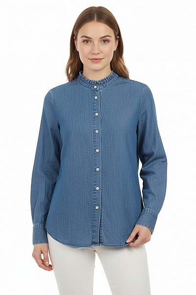 MUSTANG Dámská Riflová Košile Dlouhý Rukáv Modrá Volná Ležérní S Volánky Vel. 38