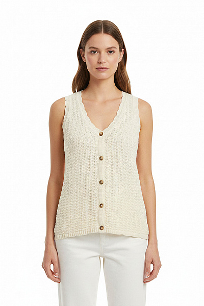 VERO MODA Dámská Bavlněná Pletená Vesta Krémová Letní Krátká Se Zapínáním Velikost M