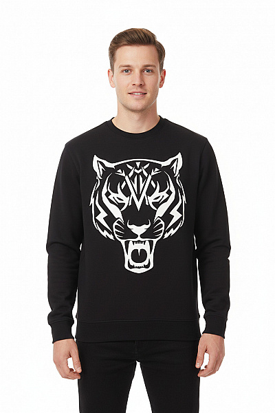 PLEIN SPORT Pánská Bavlněná černá Mikina Přes Hlavu S Tygrem Streetwear Vel. M