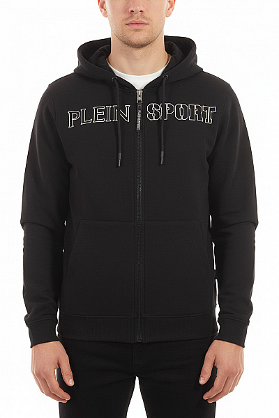 PLEIN SPORT Černá Sportovní Mikina S Kapucí A Potiskem Na Zip Streetwear Vel. M