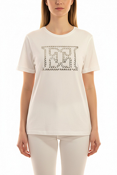 Escada Dámské Bílé Bavlněné Tričko S Krátkým Rukávem A Stříbrným Nápisem Velikost M