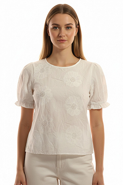 MORE & MORE Dámské Bílé Tričko S Krátkým Rukávem A Květinovým Vzorem S Výšivkou Vel. 40