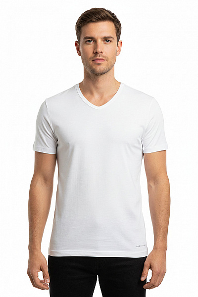 BALDESSARINI Pánské Bavlněné Bílé Tričko V Výstřih Krátký Rukáv Basic Vel. S