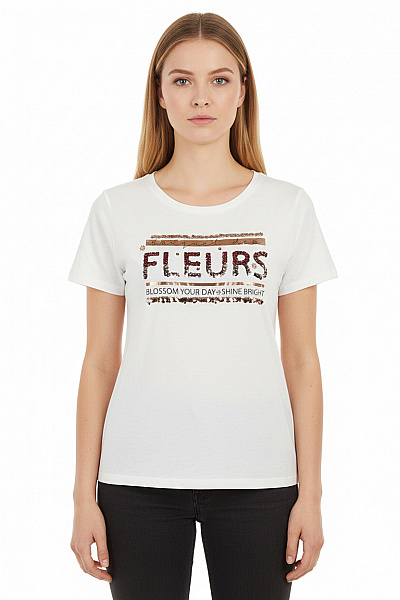 Sublevel Dámské Bílé Viskózové Tričko S Krátkým Rukávem A Flitry FLEURS Vel. M