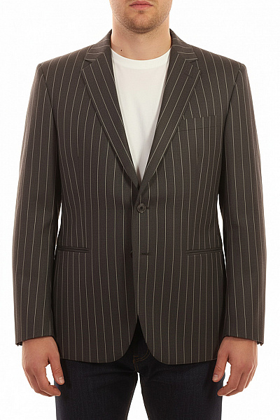 LAWRENCE GREY Pánské Polyesterové Sako Tmavě Hnědé Pruhované Elegantní Jednořadé Vel. 52